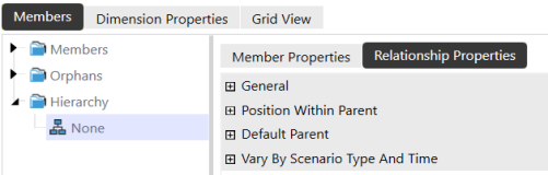 The Relationship Properties tab has a blue background with white text and a list of the types of properties on a light blue background with blue text: General, Position Within Parent, Default Parent, and Vary By Scenario Type and Time. Each item has a plus sign that can be expanded.